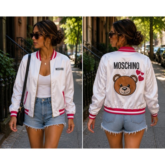Moschino Jackets & Blazers - Teen Moschino Bomber Jacket Size XS White Good Teddy Bear Graphic